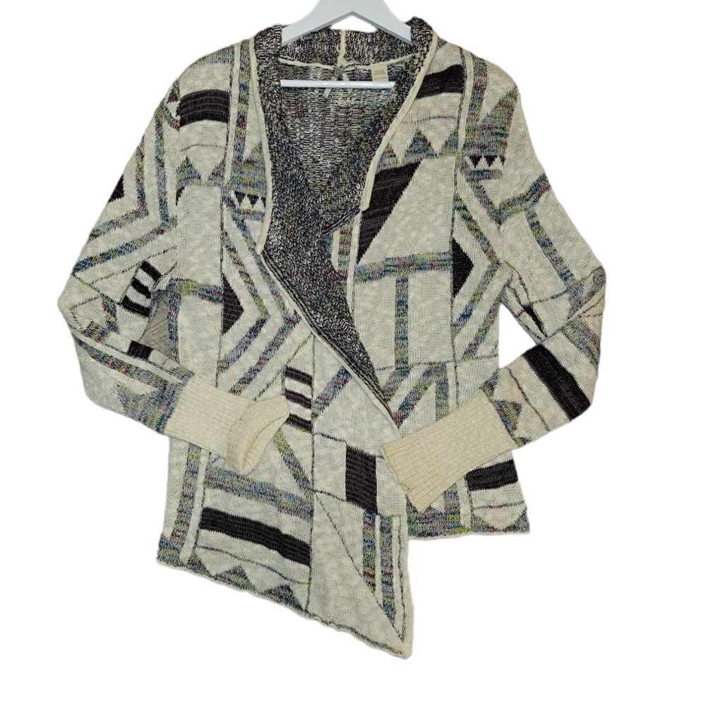 Buckle Knitted Open Front Drape Cardigan Sweater Off White Multi L